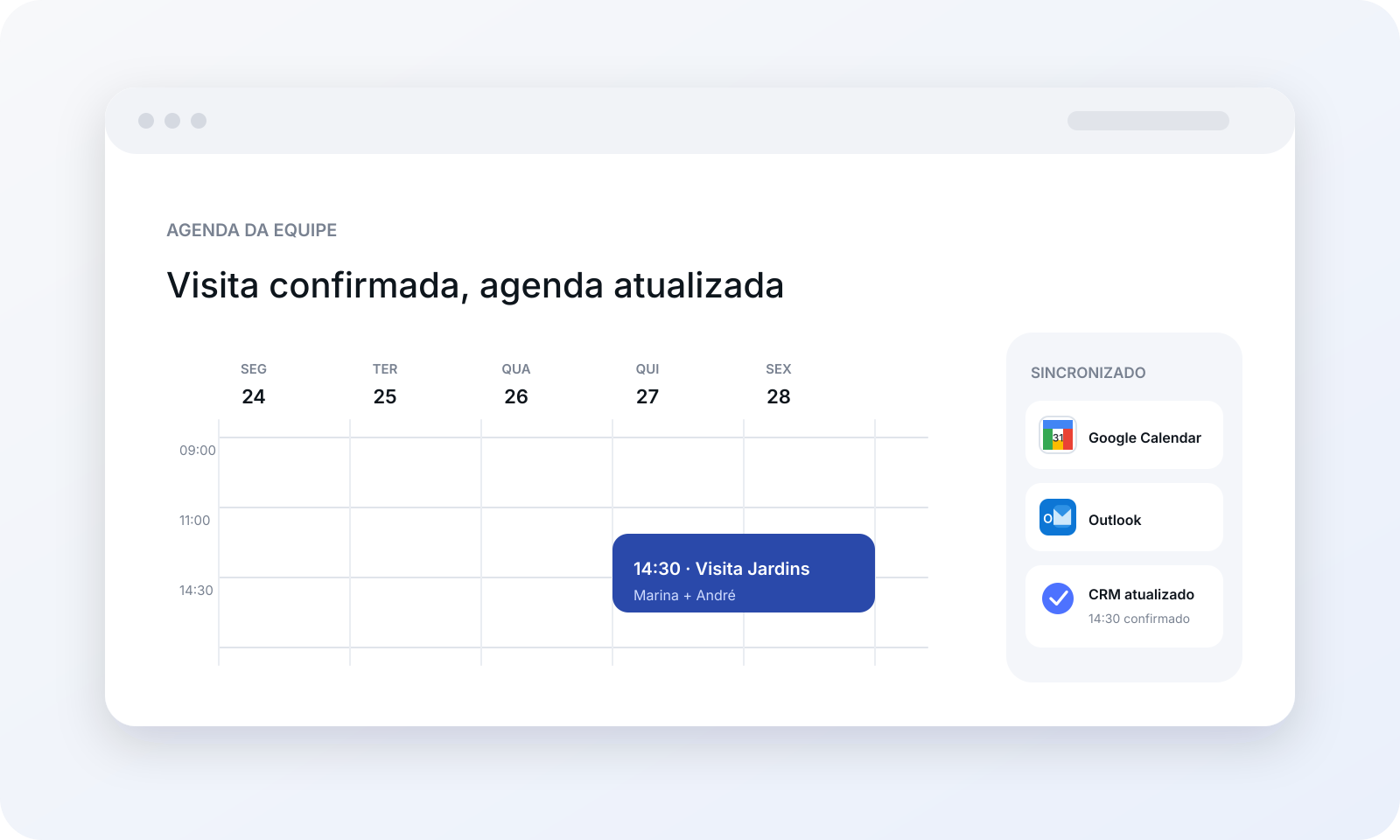 Visita confirmada dentro da agenda da equipe.