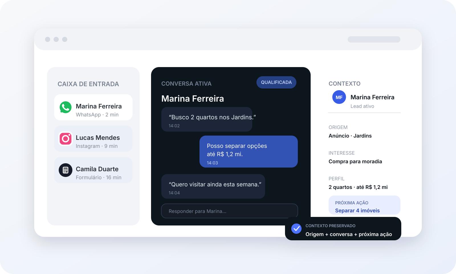 Canais de entrada reunidos em um único perfil de lead.